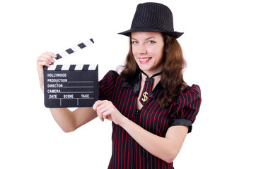 Woman gangster with movie board on white