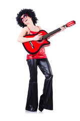 Fototapeta premium Young singer with afro cut and guitar