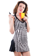 Woman referee with card on white