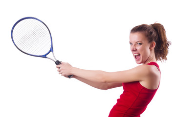 Woman playing tennis on white
