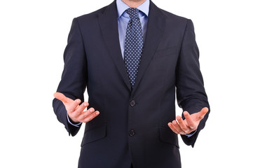 Businessman gesturing with both hands.