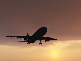 Conceptual plane silhouette at sunset