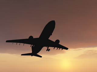Conceptual plane silhouette at sunset