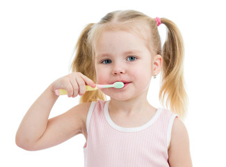 cute child girl brushing teeth isolated on white background