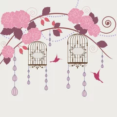 Wall murals Birds in cages Garden in blossom