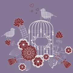 Papier Peint photo Lavable Oiseaux en cages Oiseau amoureux - fond floral de vecteur