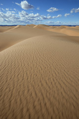 Fototapeta na wymiar Sahara desert sand dunes with cloudy blue sky.