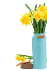 bouquet of daffodils in blue vase