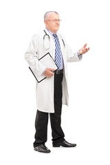 Full length portrait of a male medical doctor in a uniform expla
