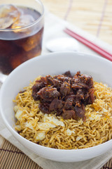Noodles and meatball with chopsticks , asian noodle