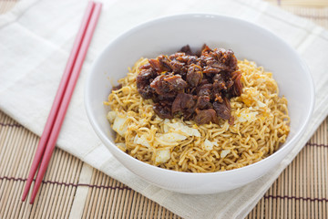 Noodles and meatball with chopsticks , asian noodle