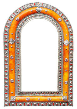 Antique Moroccan silver orange mirror frame isolated on white background