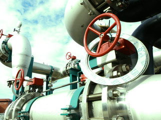 Industrial zone, Steel pipelines and cables in green tones