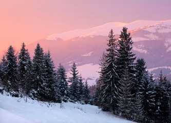 Beautiful sunrise in the winter mountains