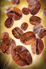 Flying coffee beans in smoke