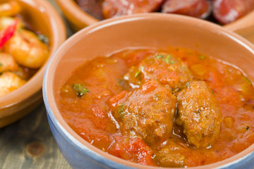 Albondigas a la jardinera (Meatballs in tomato sauce). Tapas.