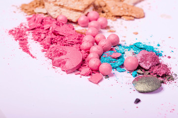 close up of a make up accessories-powder, eyeshadows, lipstick 