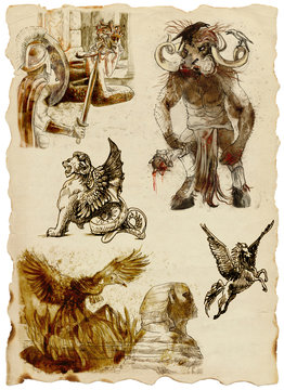 A large series of mystical creatures on an old sheet of paper