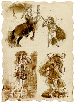A large series of mystical creatures on an old sheet of paper