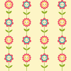 Cute seamless pattern with smiling flowers