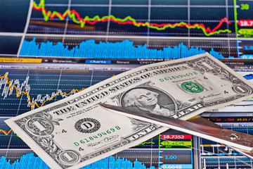 Fototapeta na wymiar Nożyczki cięcia US jeden dolar banknot, finansowych wykres jako backgro