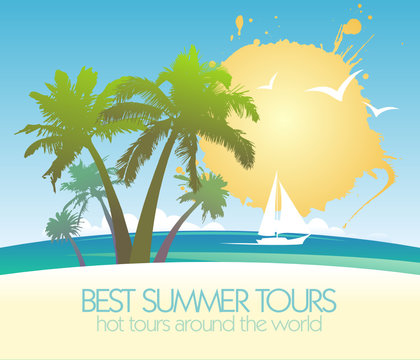 Best summer tours design template with tropical island and yacht