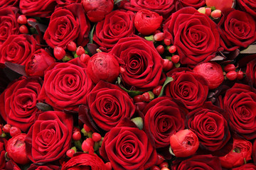 ranunculus, berries and roses in a group