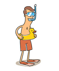 Man in a diving mask and flippers on the vacation