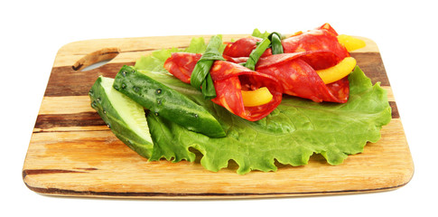 Salami rolls with paprika pieces inside,