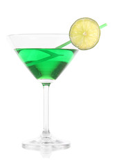 Green cocktail in martini glass isolated on white