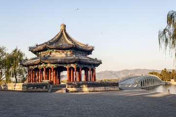 Spacious pavilion and the bridge in Summer Palace, Beijing