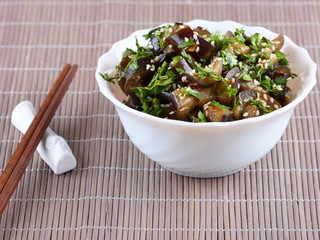 Fried eggplant with sesame seeds
