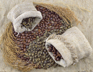 Tea and coffee in burlap bags