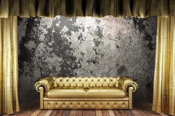 golden curtain with sofa