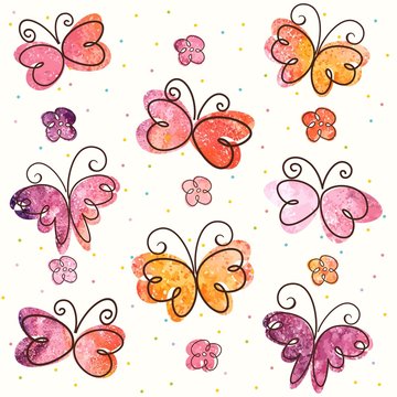 Background with hand-drawn butterflies. Vector illustration.