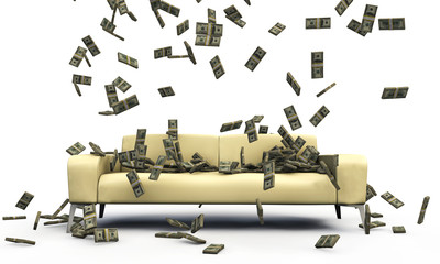 falling dollars on a sofa