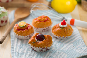 fruit tart bread mixture with wooden background of raw materials