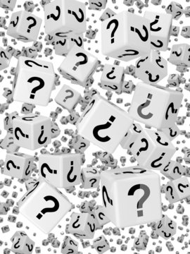 Falling white dice with question marks