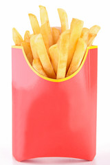 french fries in paper bag isolated on white