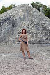 tourist against pyramid Mexico.Archeologic zone Kabah.