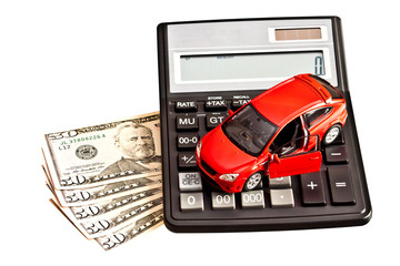 Toy car, calculator and money over white. Rent, buy or insurance