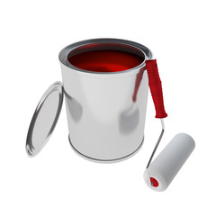 red Paint Can with roller brush isolated on white