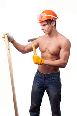 Muscular young workert with the board on a white background.