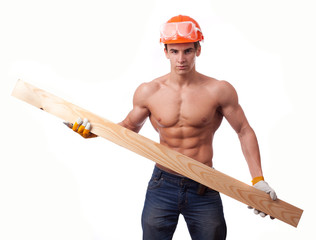 Muscular young workert with the board on a white background.