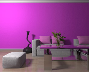 Wohndesign - Sofa weiß vor lilaner Tapete