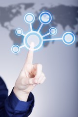 Woman's hand pushing social media button, touch screen