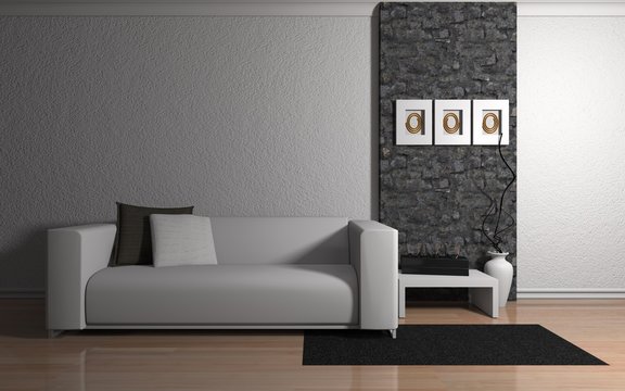 Wohndesign - Sofa weiß neben Naturstein Mauer