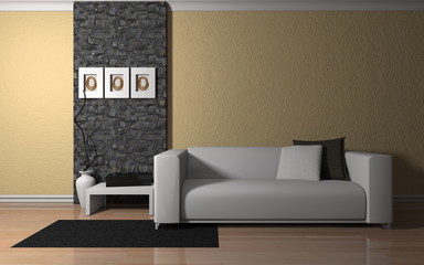 Wohndesign - Sofa weiß neben Naturstein Mauer