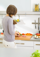 Woman cutting fresh vegetables in modern kitchen. rear view