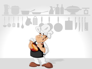 Chef man cooking delicious meal in restaurant kitchen